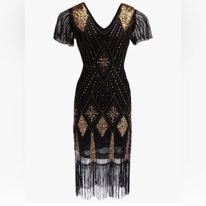 Fundaisy Black and Gold Beaded flapper Dress size L